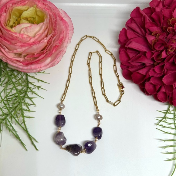 NEW⚜️Amethyst & Baroque Pearl Handmade Necklace - Picture 3 of 7